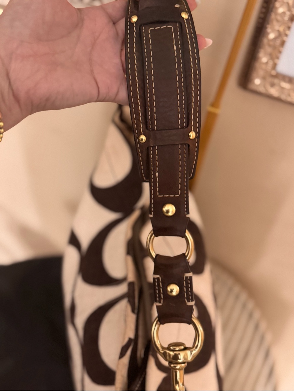 Coach Carly Cream & Brown linen large - Picture 5 of 8